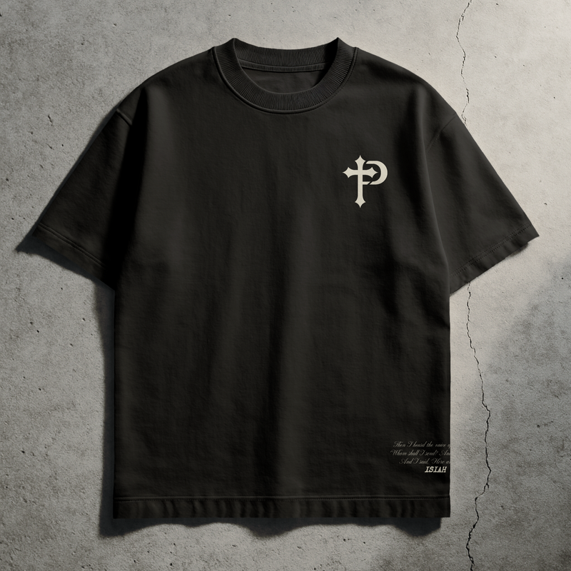 Front view of black 'Paid in Full' Christian t-shirt featuring bold cross-inspired typography and streetwear design